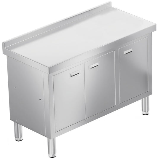 WWK 47" x 21" Stainless Steel Prep Table with Cabinet, Commercial Kitchen Table for Prep & Work, Heavy Duty Work Table with 3 Doors for Kitchen, Restaurant, Hotel, Garage and Cafe