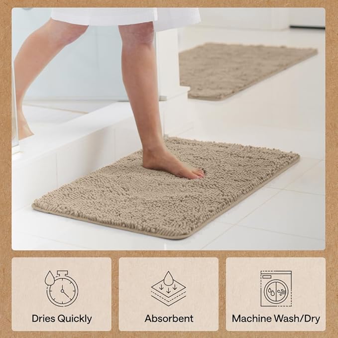 GORILLA GRIP Bath Rug Mat 60x24, Thick Absorbent Chenille, Quick Dry Microfiber Mats, Rubber Backing Washable Shower Floor Rugs, Bathmat Runner, US Designed Bathroom Home Decor Accessories Gray Beige