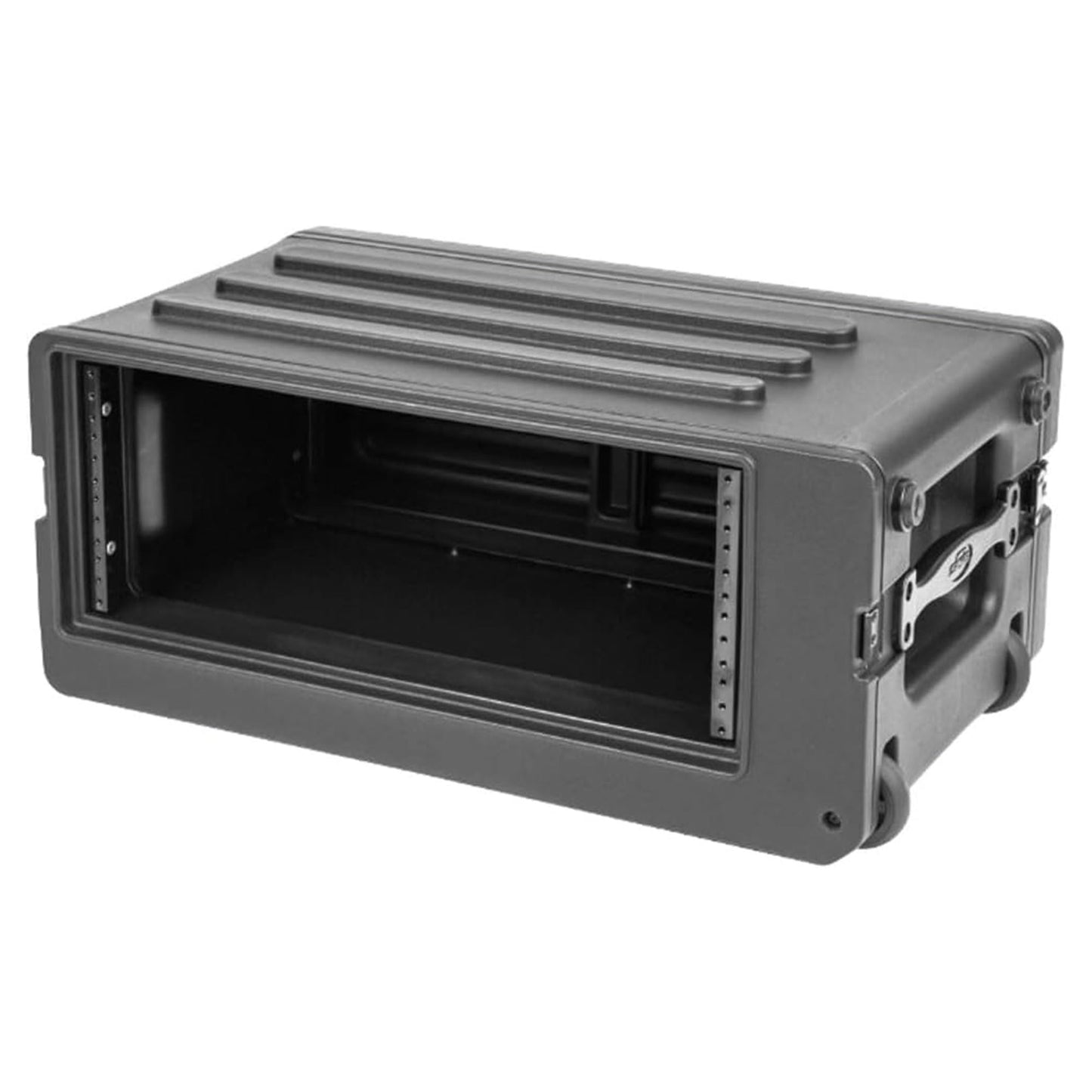 SKB 4U rSeries Shallow Rolling Rack with Integrated Back Wheels and 1-Touch Pull Handle, Comes with 8 Rack Units and Interlocking Molded Stacking Bars