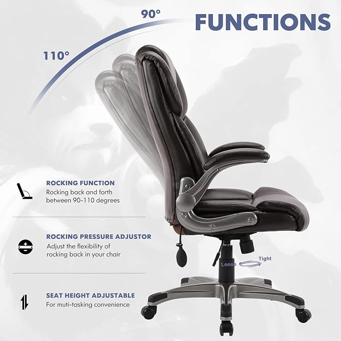 COLAMY High Back Executive Office Chair- Ergonomic Home Computer Desk Leather Chair with Padded Flip-up Arms, Adjustable Tilt Lock, Swivel Rolling Chair for Adult Working Study-Brown