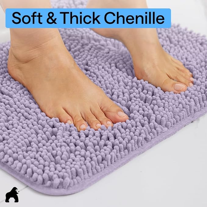 GORILLA GRIP Bath Rug Mat 44x26 Thick Soft Absorbent Chenille, Quick Dry Microfiber Mats, Rubber Backing Washable Shower Floor Rugs, Bathmat Runner Bathroom Home Decor Accessories Light Purple