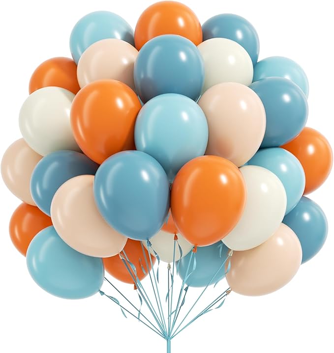 60pcs 12inch Blue and Orange Balloons, Dusty Blue Orange Sand White Nude Balloons with Ribbon for Baby Shower Birthday Party Decorations