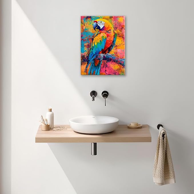 Parrot Wall Art, Graffiti Parrot Pictures Wall Decor, Colorful Birds Canvas Prints, Banksy Animal Painting, Framed Artwork for Bathroom Living Room Bedroom Office Dining Room 24"X16"