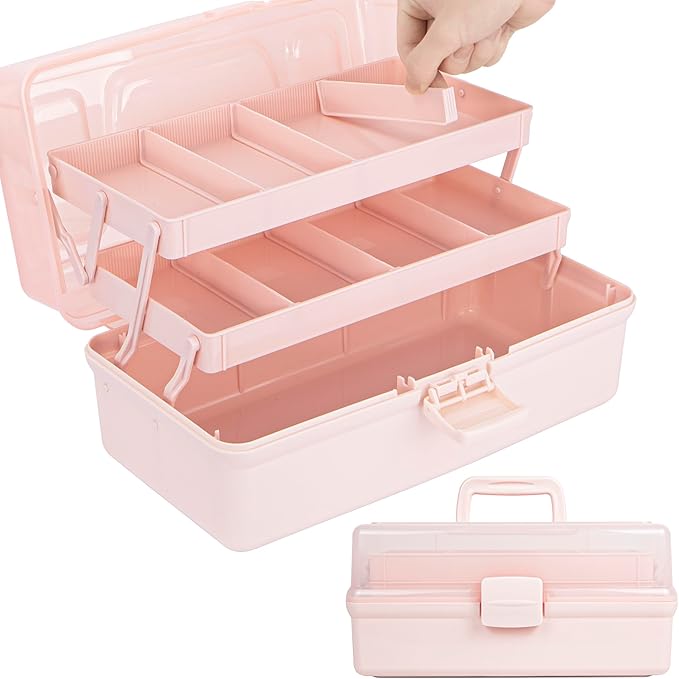 12.5in 3-Layer Multipurpose Craft Organizers and Storage with Adjustable Dividers, Portable Tackle Box, Folding Art & Craft Case for Medicine, Tool, Sewing Organizer (Pink)