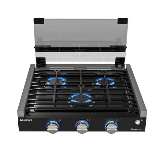 CAMPLUX Classic RV Stove 3 Burners 21,000 BTU, 21 Inches Propane Cooktop with Tempered Glass Cover, RV Stove Top, Slide-in for Camper Trailers, Motorhomes, and Boats, Black RGH21IB