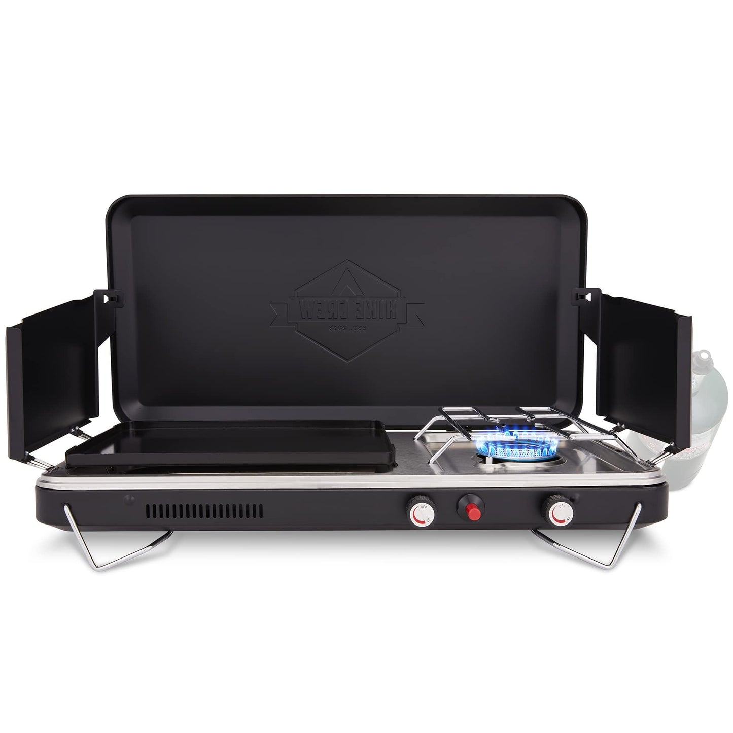 Hike Crew 2-in-1 Gas Camping Stove and Griddle, Portable Propane Burner w/Integrated Igniter & Stainless Drip Tray | Built-in Carrying Handle, Foldable Legs & Wind Panels | Includes Regulator