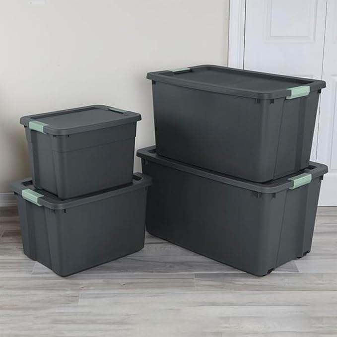 Sterilite 4 Pack 34 Gallon Latch Tote, Stackable Plastic Storage Bin Container, Gray/Green
