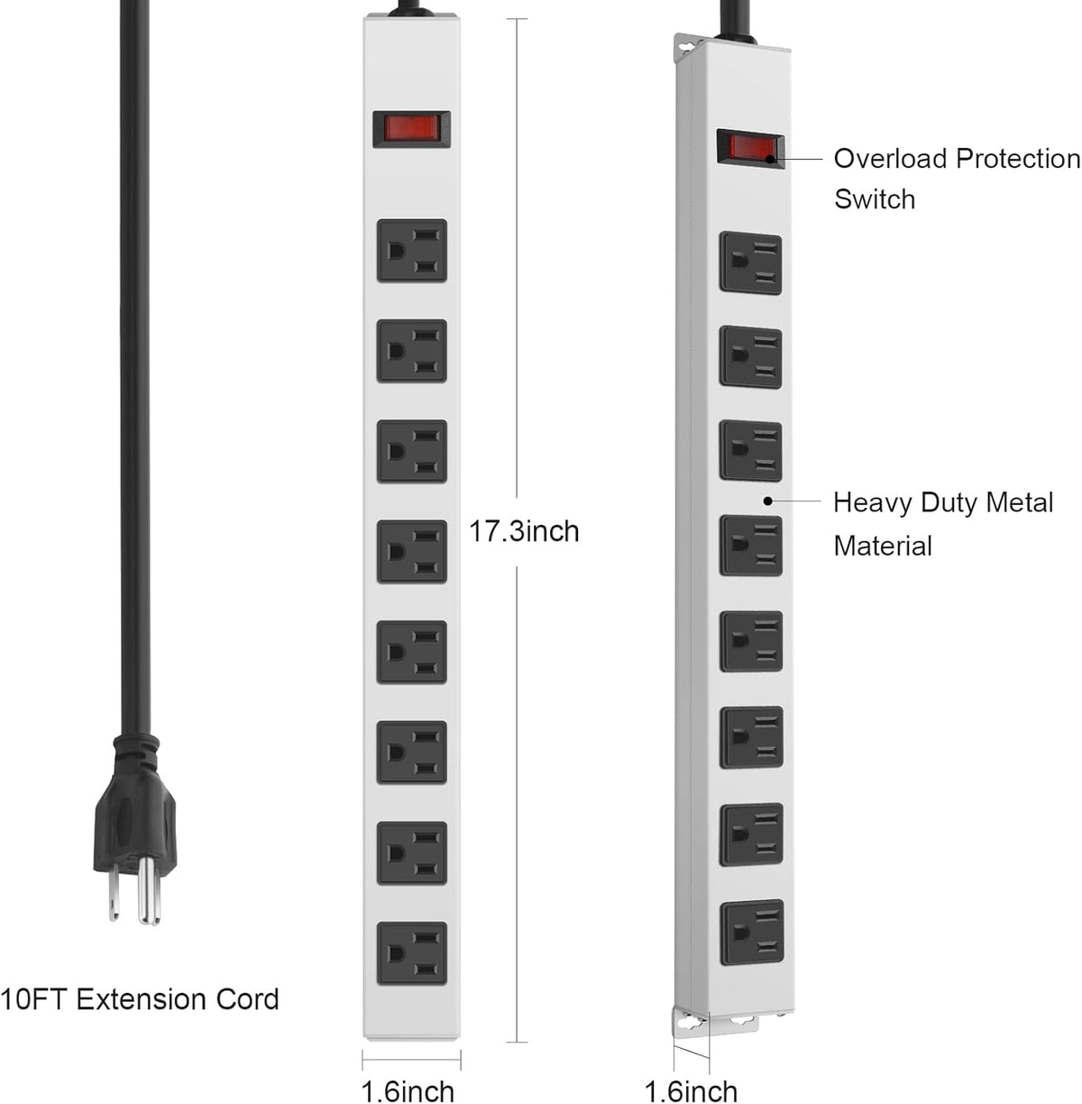 JUNNUJ 8 1200J 15A 125V 1875W, 10 14AWG Metal Outlet Power Strip, Mountable Heavy Duty Power Strip, Surge Protector