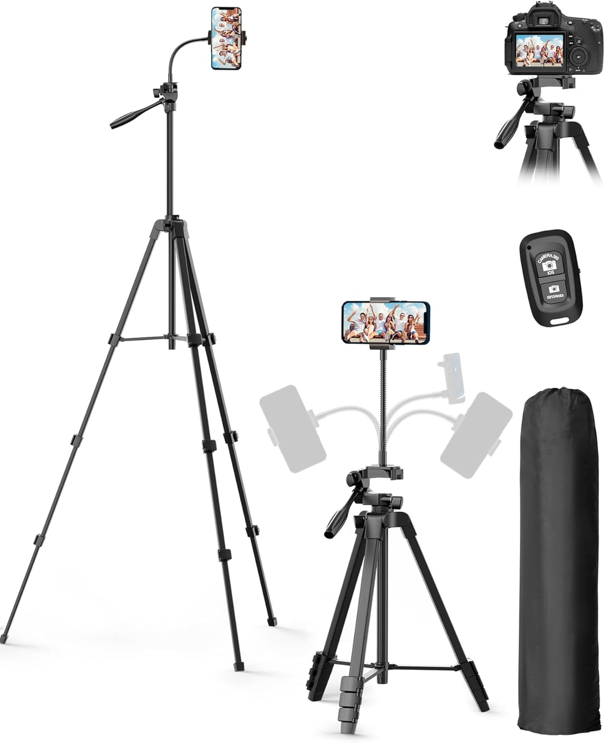 EMART 61 Phone Tripod Stand with Flexible Gooseneck, Portable Tripod for iPhone and Camera, Overhead Cellphone Holder