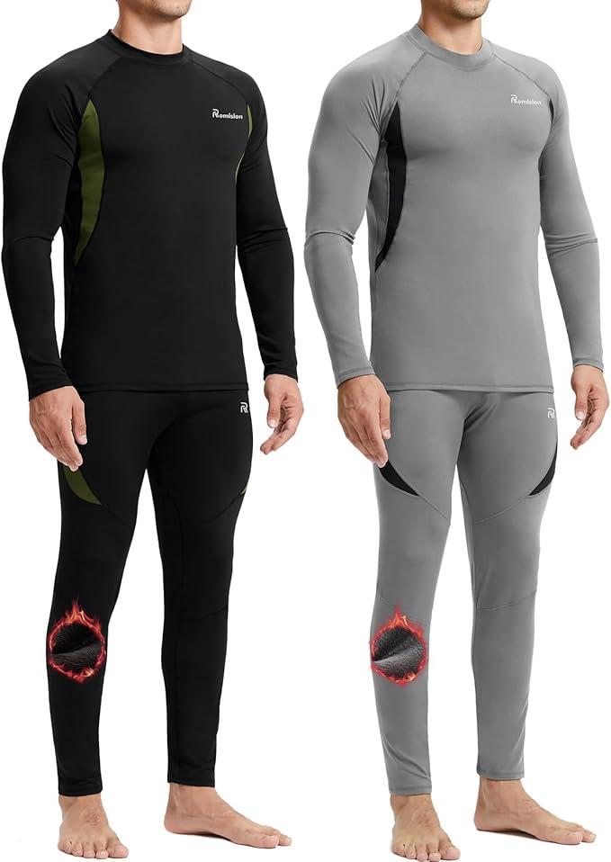 romision 2 Pack Thermal Underwear for Men Long Johns Fleece Lined Hunting Gear Bottom Top Set Base Layer Cold Weather XS-4XL