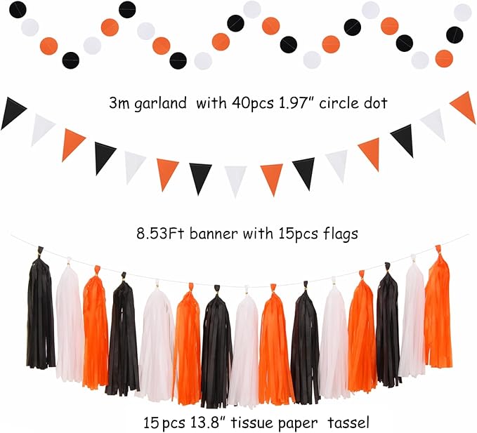 Black White Orange Halloween Party-Decorations - 33pcs Birthday Banner,Streamers Tassel Garland,Paper Lantern Fans,Tissue Pom Poms,Bachelorette Baby Bridal Shower Graduations Backdrop Decor Hugtmr