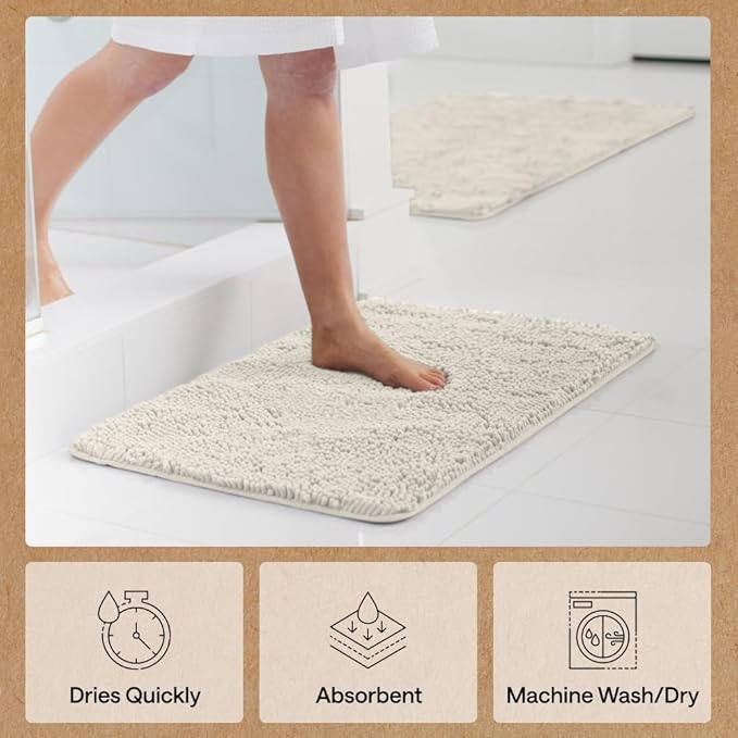 GORILLA GRIP Bath Rug Mat 44x26, Soft Absorbent Chenille, Quick Dry Microfiber Mats, Rubber Backing Washable Shower Floor Rugs, Bathmat Runner, US Designed Bathroom Home Decor Accessories Ivory Cream