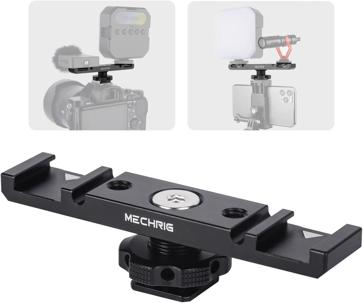 Mechrig 1/4" (62034) Dual Cold Shoe Extension Bar Mount, Aluminum Dual Hot Shoe Mount Bracket with Thread & Cable Slot