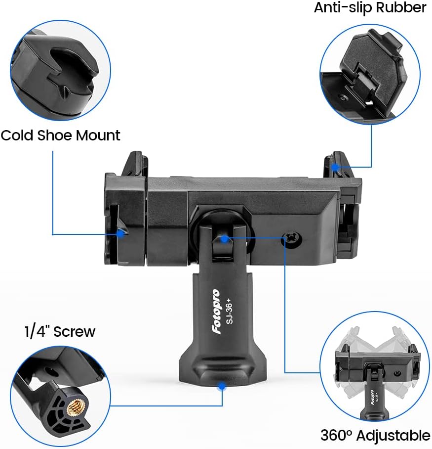 Fotopro Phone Tripod Mount Cold Shoe Rotatable Universal Cell Phone Mount Adapter for Monopod Selfie Stick Desktop