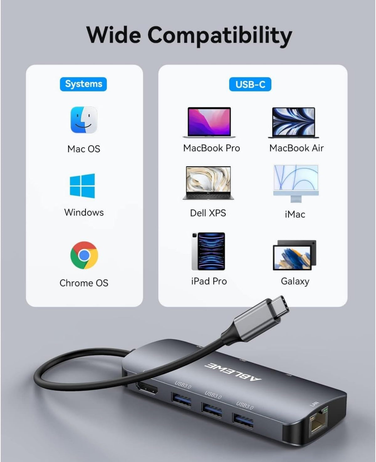 ABLEWE 8 1 4K@60Hz Adapter,1000Mbps, 100W 3 3.0 USB C Hub Ethernet, Multiport USB C to HDMI Hub, in USBC PD, USB Ports