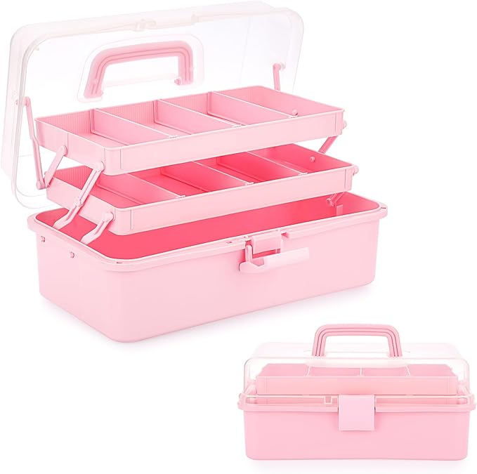 BTSKY 3-Layer Plastic Dividing Storage Box Craft Organizer and Storage with Adjustable Spacers Portable Handled Art Supply Organizer Multipurpose Home Utility Box Organizer (Pink)