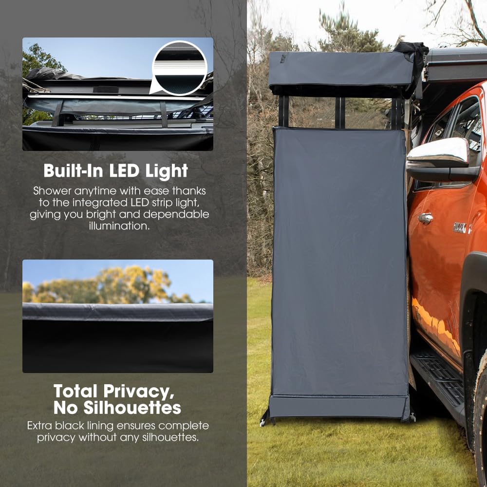 SanHima Awning Shower Tent with Roof - Car Side Shower Room w/LED Light, Camping Waterproof Portable Privacy Shelter Bathroom Overland, Gray