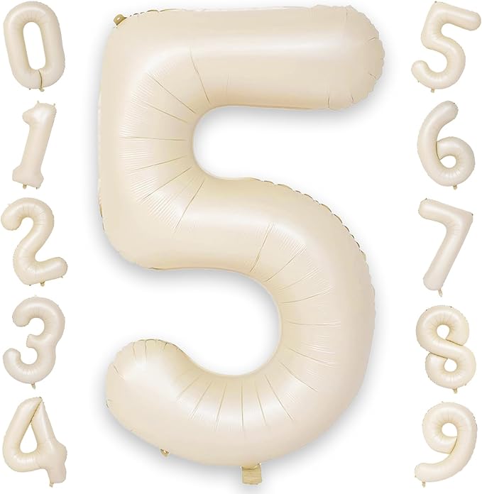 Beige Balloon Number 5, 40 Inch Large Self Inflating Foil Mylar Number Balloons 0-9 for Boys Women, Cream White Digital 5 Helium Balloon for Girls Men 5th Birthday Decorations Anniversary 2025 Party