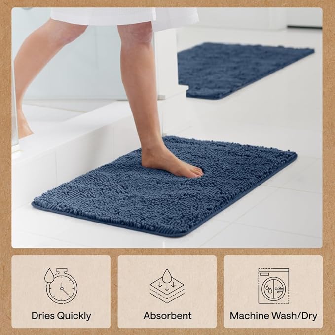 GORILLA GRIP Bath Rug Mat 36x24, Soft Absorbent Chenille, Quick Dry Microfiber Mats, Rubber Backing Washable Shower Floor Rugs, Bathmat Runner, US Designed Bathroom Home Decor Accessories Navy Blue