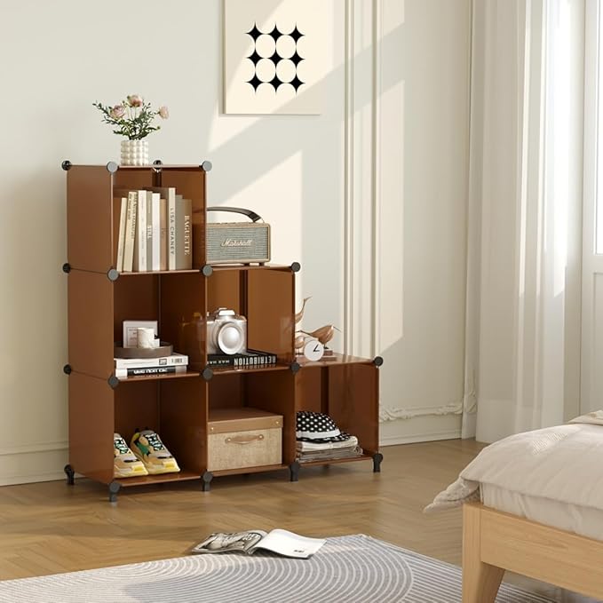 AWTATOS Cube Storage Organizer, Storage Cubes Shelves Bookshelf, 6 Cube Closet Organizers and Storage, DIY Stackable Plastic Clothes Organizer Shelving for Bedroom, Home, Cocoa Brown