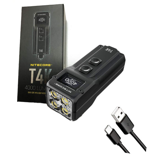 Nitecore T4K Type-C Rechargeable Keychain XP-L2 Flashlight - 4000 Lumen with Eco-Sensa Type-C USB Charging Cable
