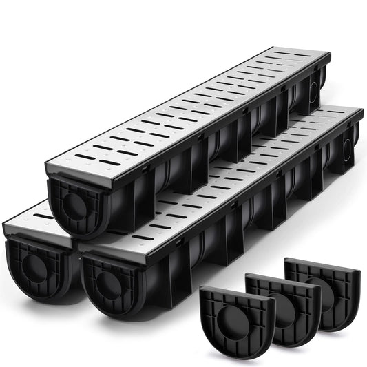 Amylove 3 Set Black Driveway Channel Drain with Stainless Steel Grate and Plastic End Caps 39.4 x 5.9 x 5.1 Inches, Outdoor Garage Floor Drainage Trench Systems for Lawn Landscaped Garden Pool