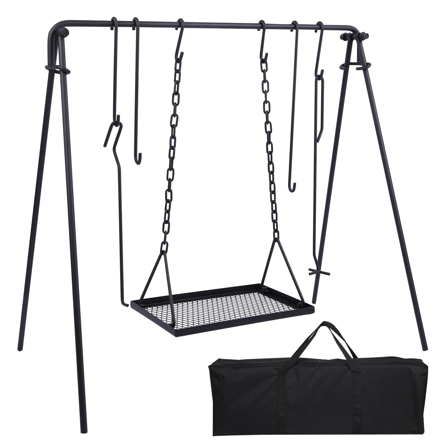 REDCAMP Swing Campfire Grill Stand - Collapsible Campfire Cooking Rack with 6 Hooks & Iron Grill Grate, Portable Dutch Oven Hanger for Outdoor Camping, Cookware, Bonfire, Rectangle