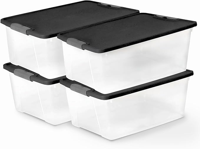 HOMZ 4-Pack Secure Latch, Clear Plastic Storage Organizer Bins, 15 Quart, Gray Lid - Stackable Container Boxes for Bedroom, Bathroom, Garage, and Office Organization