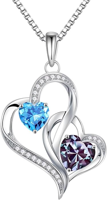 Iefil Christmas Gifts for Women - Double Heart Birthstone Necklace, 925 Sterling Silver Heart Pendant Necklace, Anniversary Birthday Gifts for Women | Personalized Jewelry Gift for Wife Mom Girlfriend