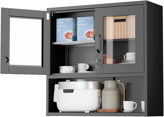 VINGLI Metal Wall Cabinet with Locking Glass Doors, Adjustable Shelf, Wall Mounted Storage Display Cabinets for Garage, Kitchen, Home Office, Warehouse, Living Room, Black