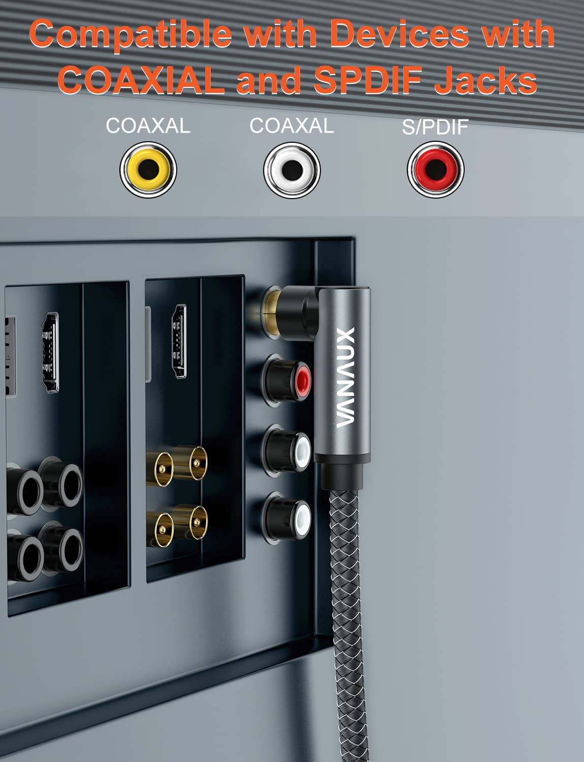 90 Bar,PS4 90, 26ft/8m) VANAUX Degree RCA Cable,Right Angle Subwoofer Cable,Digital Coaxial Audio Cord,Nylon