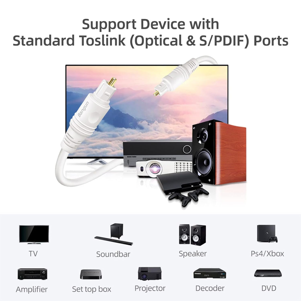 6ft, Bar/TV/PS4/Xbox White Toslink Digital Optical Audio Cable Slim Optical TV Cord, Fiber Optic Audio Cable for Sound