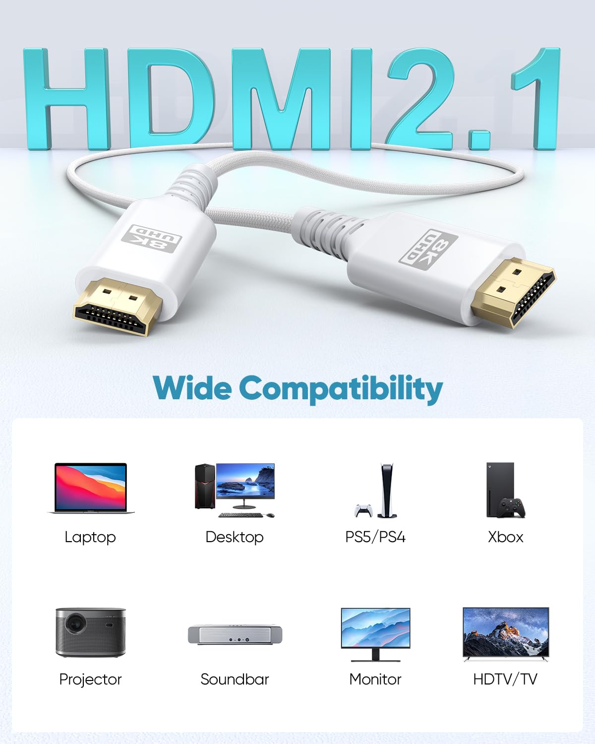 8K 10FT, 48Gbps 2.1 8K@60Hz, 4K@120Hz, HDR10+, Dolby, 3D, HDCP2.3 Laptop/Monitor/HDTV/Soundbar/Blu-ray/PS5/Xbox White