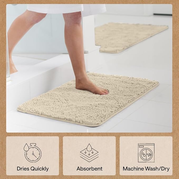 GORILLA GRIP Bath Rug Mat 44x26, Thick Soft Absorbent Chenille, Quick Dry Microfiber Mats, Rubber Backing Washable Shower Floor Rugs, Bathmat Runner, US Designed Bathroom Home Decor Accessories Sand