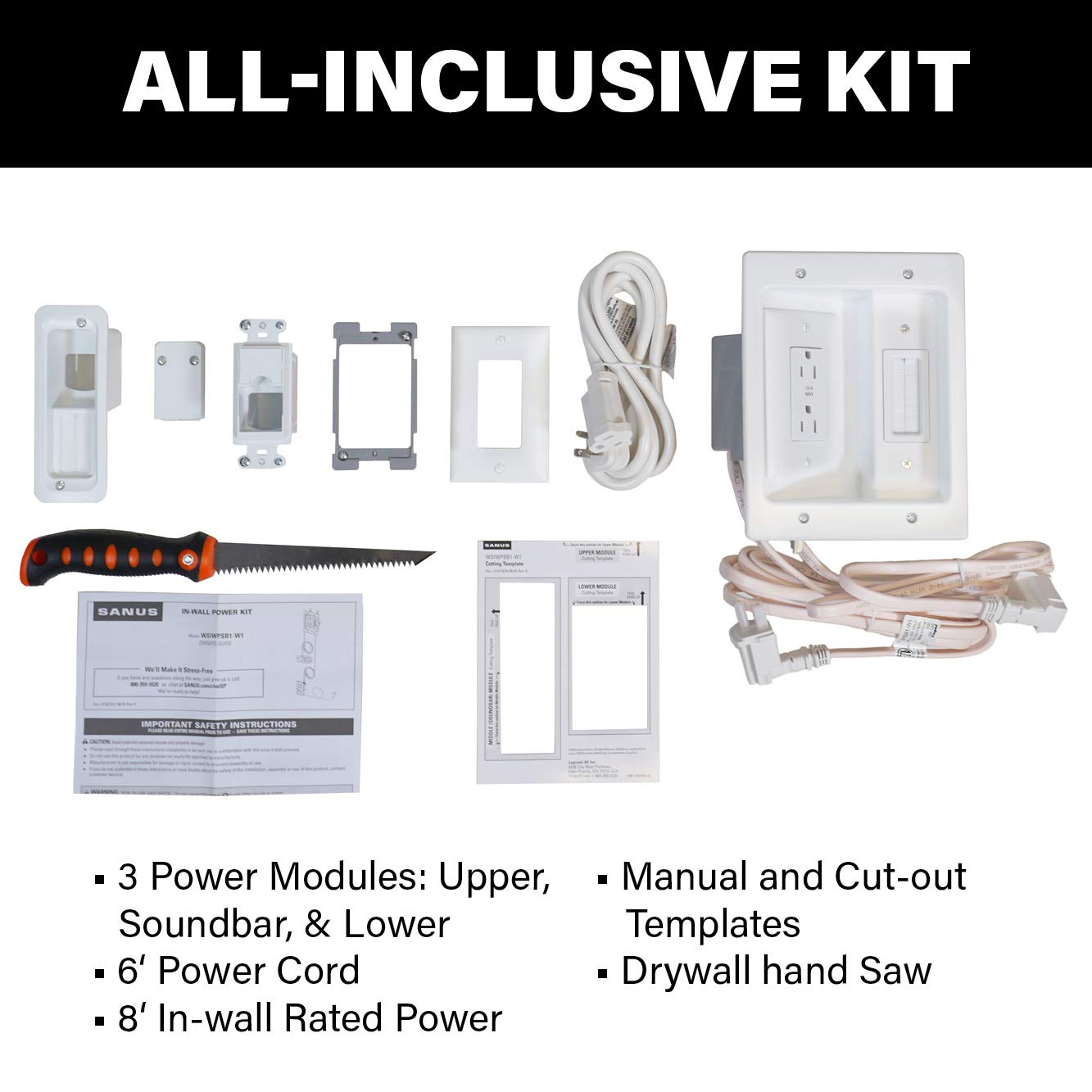 SANUS Ultimate in-Wall Cable Management Kit for Mounted TV & Soundbar - Includes Soundbar & TV Wire Management - Conceals Power, HDMI, Optical, and Low-Voltage Wires Behind Wall Model: WSIWPSB1