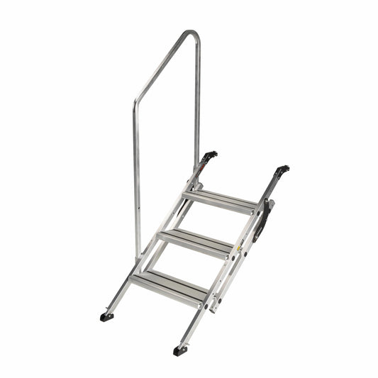 Lippert Victory Step Triple RV Steps for Toy Hauler Patio Systems with Entry Assist Handrail, 300-lb. Weight Capacity, 8" Rise, Anti-Slip Treads, Adjustable Legs/Step Pitch, Easy Storage - 2023024500