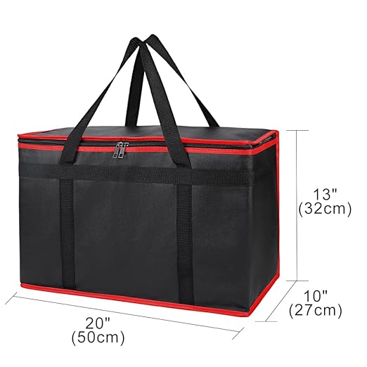 Bodaon Insulated Food Delivery Bag, XX-Large Reusable Grocery Shopping Bags, Picnic Cooler Bag Zipper/Zippered Top Cold, Black with Red Edge, 1-Pack