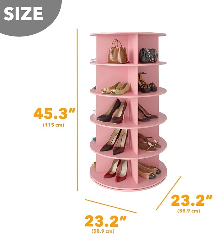 SpaceAid 5 Tier Rotating Shoe Rack Tower, Spinning Shoe Display Lazy Susan, Revolving 360 Shoe Rack Storage Round Carousel, Vertical Handbag Rotate Shoes Closet Organization (5-Tier Pink)