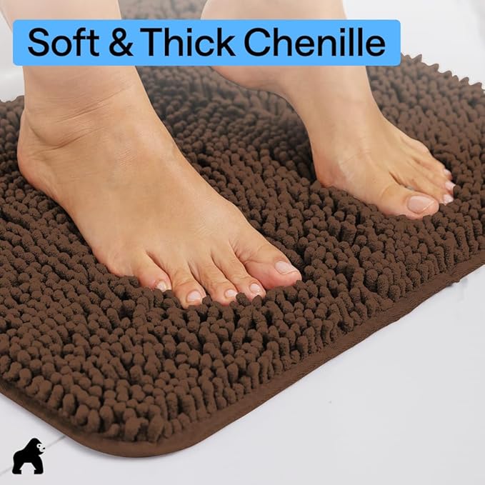GORILLA GRIP Plush Absorbent Shaggy Chenille Bath Rug Mat for Square Toilet Base with Rubber Backing, Machine Washable Rugs, Soft Microfiber Contour Mats for Toilets, Bathroom Decor, Brown
