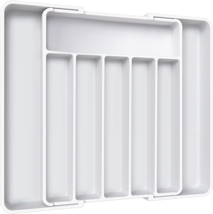 Aujen Silverware Organizer - Expandable Kitchen Drawer Organizer, Adjustable Utensil Organizer, Cutlery Tray for Forks, Knives, Multipurpose Kitchen Organizers and Storage Solution, White, Large