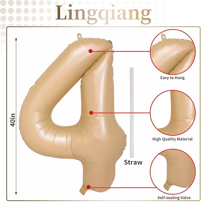 Nude Balloon Number 4, 40 Inch Large Self Inflating Brown Foil Number Balloons 0-9, Giant Apricot 4 Digital Helium Balloon for 4th 14th Girls Boys 40th Women Men Birthday Party Celebration Decorations
