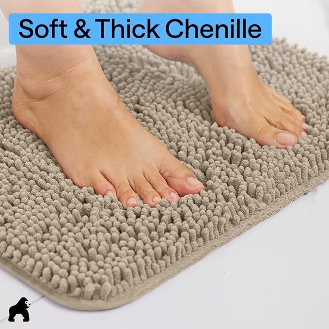 GORILLA GRIP Bath Rug Mat 60x24, Thick Absorbent Chenille, Quick Dry Microfiber Mats, Rubber Backing Washable Shower Floor Rugs, Bathmat Runner, US Designed Bathroom Home Decor Accessories Gray Beige