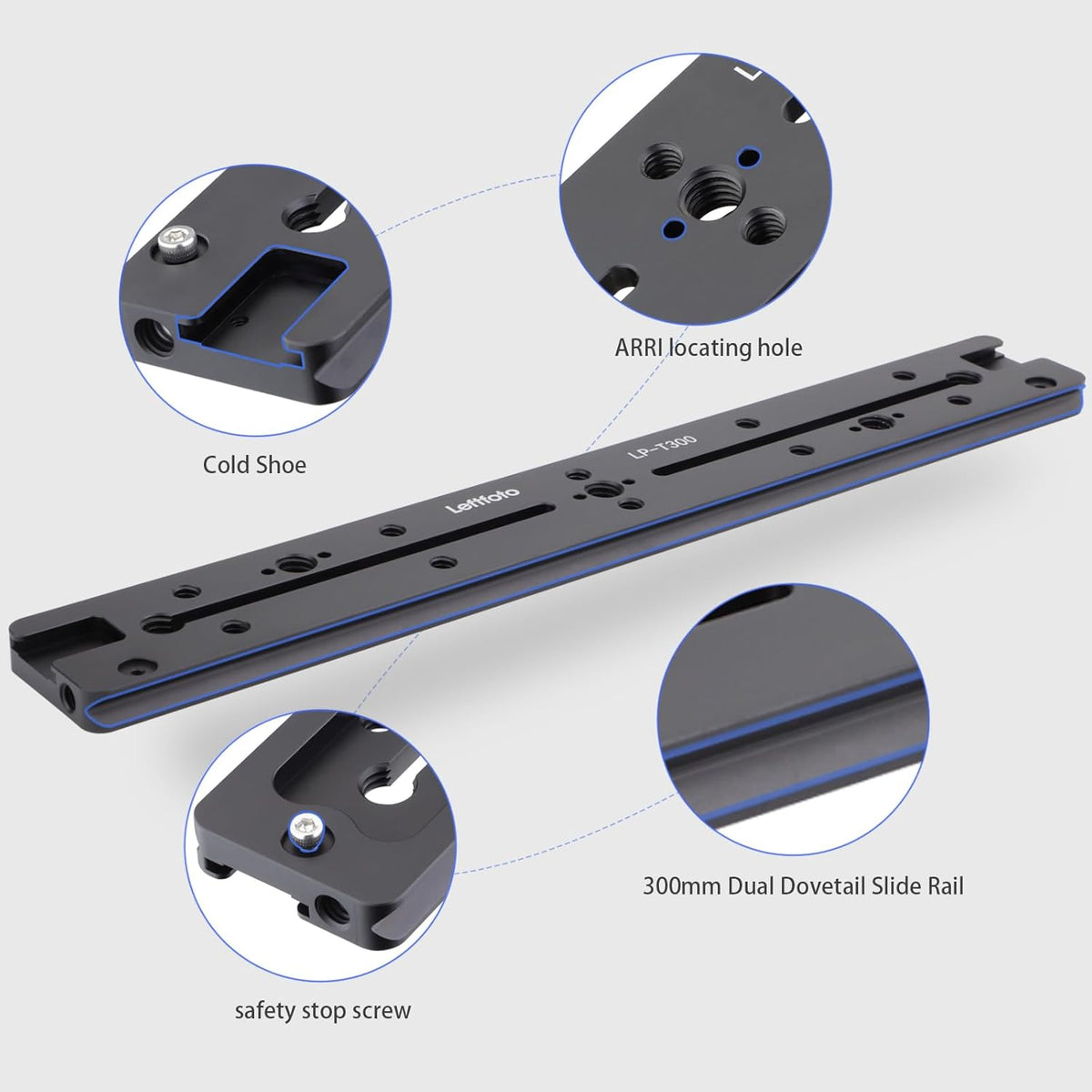 Leftfoto 300mm 1/4" 3/8" Dovetail Slide Rail,Arca Swiss Type Quick Release Plate with Locating Hole for ARRI,with More