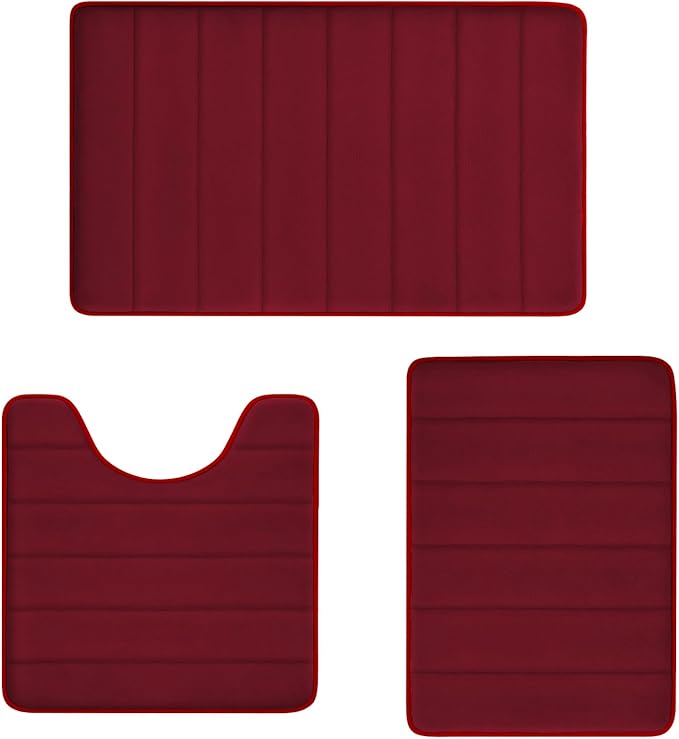 RUN HELIX Burgundy Bathroom Rugs Sets 3 Piece Memory Foam Non Slip Bath Mats for Bathroom Floor and U-Shaped Contour Toilet Rug, Soft Washable Bathroom Mats and Rugs Sets for Toilet Shower Sink