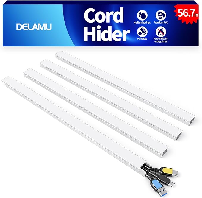 Delamu Cord Hider, 56.7in Cord Covers for 2-3 Wires on Wall, Paintable Cable Hider Wire Covers for Cords, Self-Adhesive Cable Cover Management, Easy Set-up Wires Hiders for TV, W0.95 x H0.55in, White