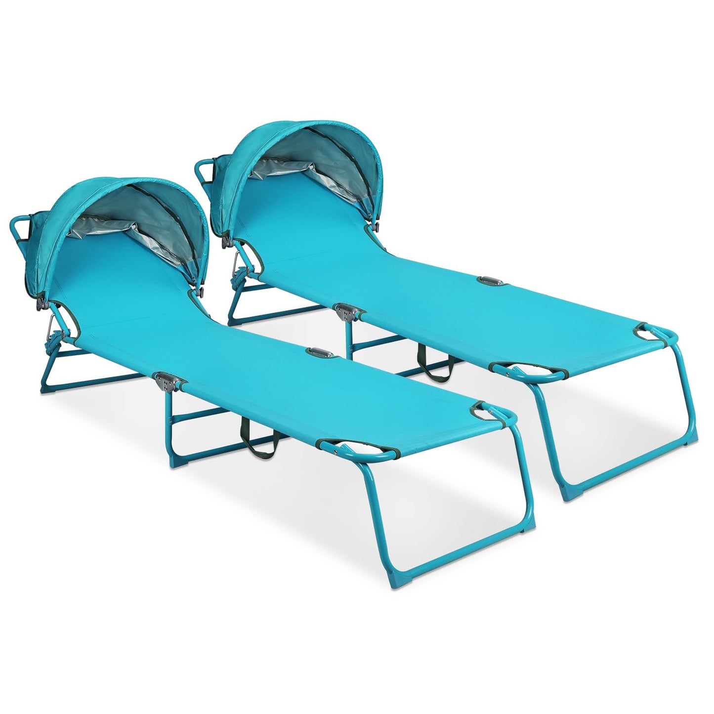 Northroad 2 Pack Outdoor Lounge Chair, Tanning Chair with Sunshade Roof, Adjustable Backrest Folding Chaise Lounge, Reclining Beach Bed for Beach, Camping, Hiking -Blue
