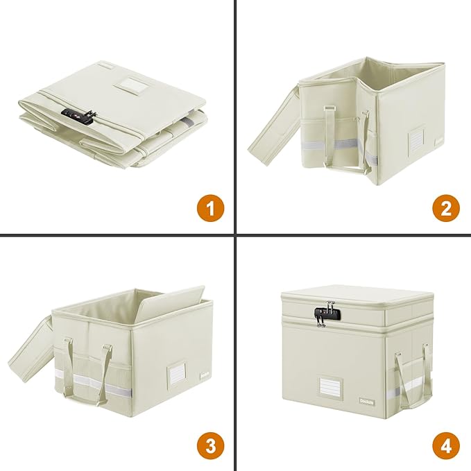 DocSafe File Box with Lock,Multi-Layer Fireproof Document Box Collapsible File Storage Organizer with Pockets/Handle,Large Portable Home Office Filing Box for Hanging Letter/Legal Size Folders,Beige