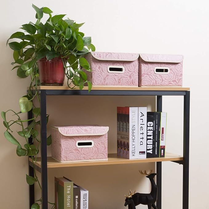 PRANDOM Collapsible Storage Boxes with Lids Fabric Decorative Storage Bins Cubes Organizer Containers Baskets with Cover Handles Divider for Bedroom Closet Living Room 9.8x7.9x6.7 Inch 3 Pack