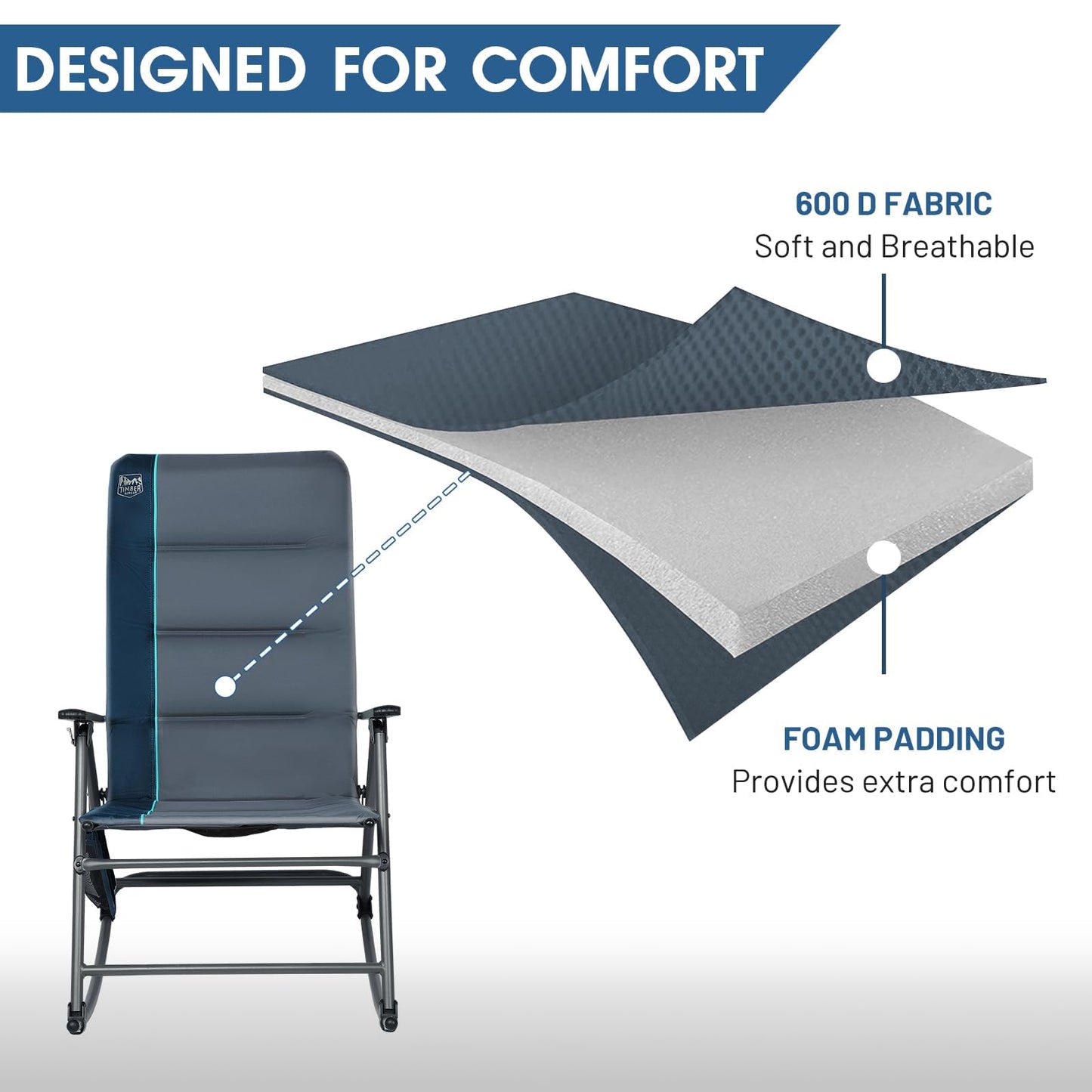 Timber Ridge Oversized Folding Rocking Camping Chair, Padded Outdoor Rocker with High Back, Portable Outdoor Chair for Patio, Garden, Lawn, Supports up to 400 lbs, Blue