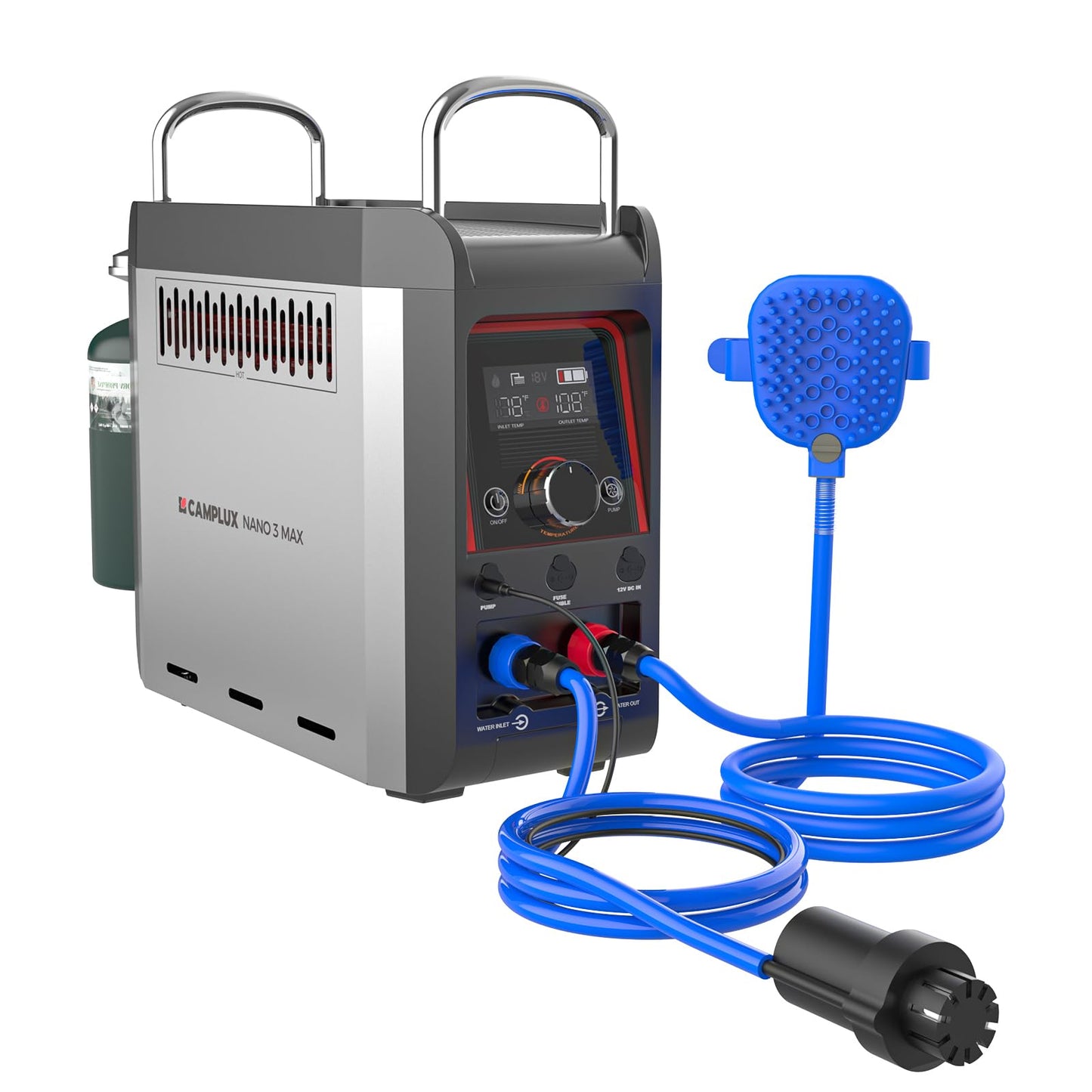 CAMPLUX Nano 3 Max, Portable Propane Water Heater & Shower Pump, Rechargeable Portable Shower System, CSA Certified Safety, Instant Hot Water for Camping, Hiking, Glamping & Vacationing